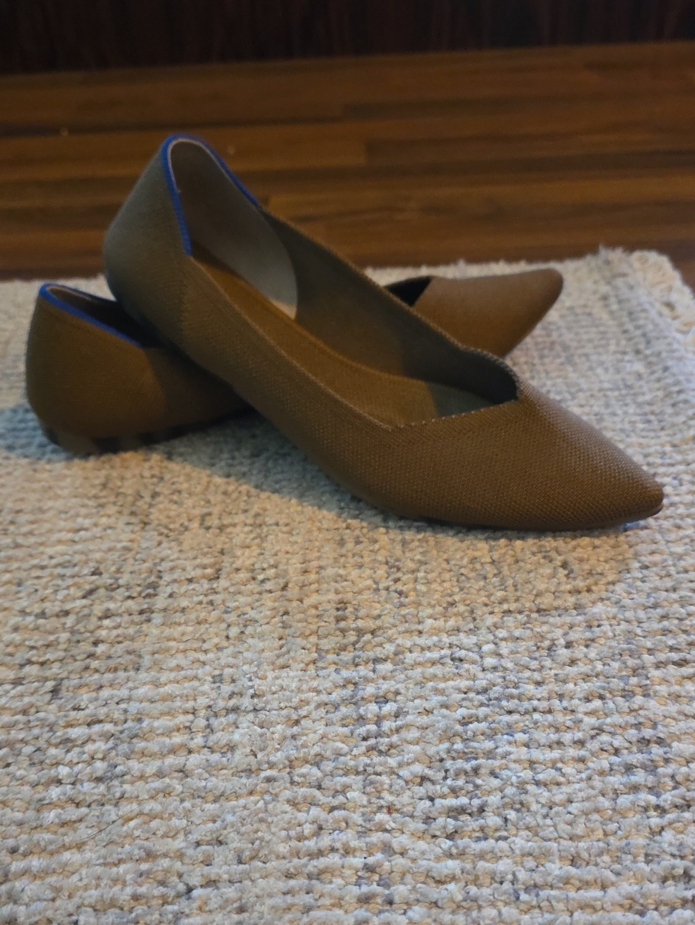 Rothys Women's Pointed Toe Ballet Flats in Taupe with Blue Trim. - Picture 1 of 5